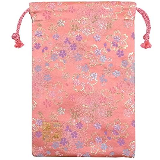 Senshishuin Nishijin Brocade Drawstring Bag (Lined) - Peach Gold Cherry Blossom Design, Medium Size