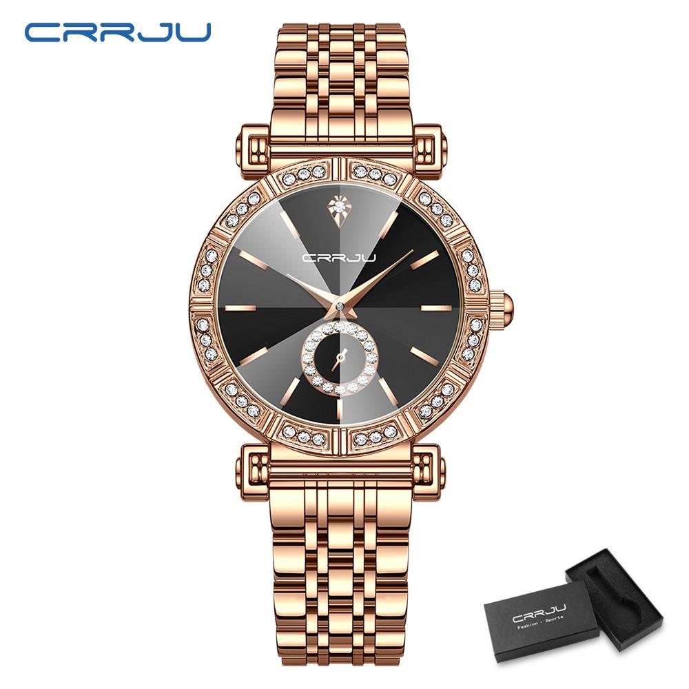 CRRJU Brand Luxury Fashion Original Ladies Watch Waterproof Ladies Watch Stainless Steel Diamond Watch Gift