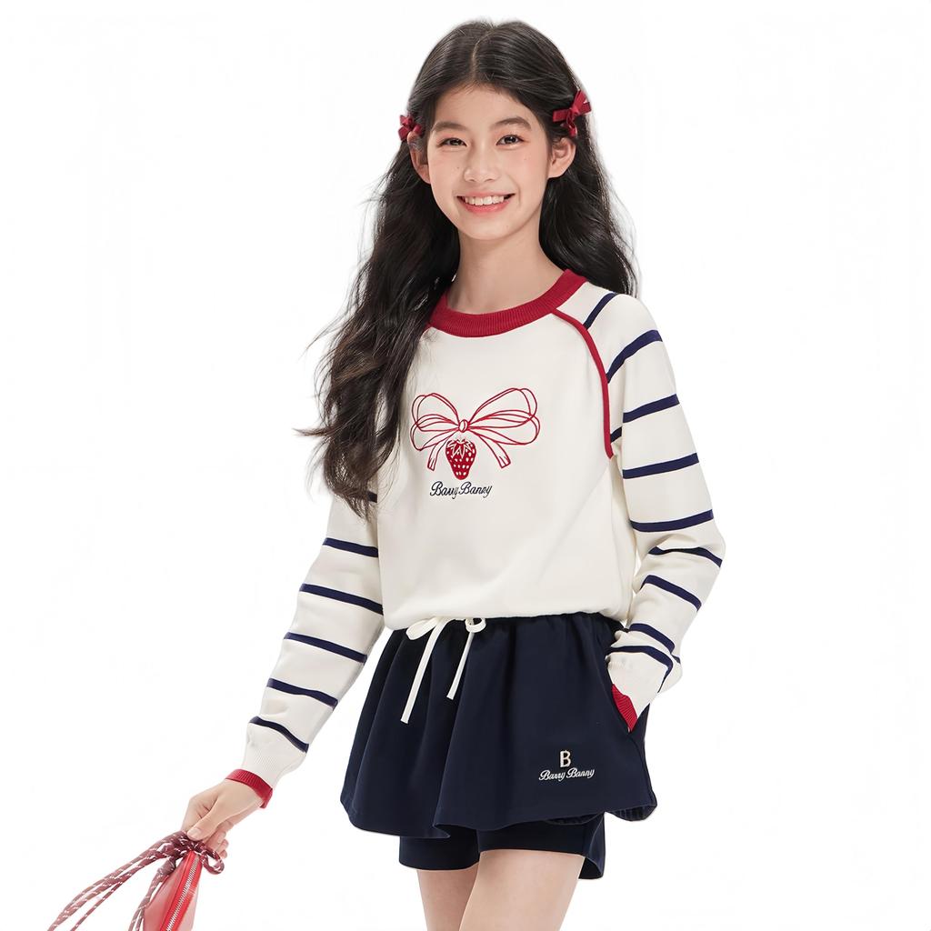Barry Banny Knit Student Long Sleeve Strawberry Ribbon Raglan Shirt with Contrast Cute Top for and Junior High School and Size 130cm Sweater, Clothes,