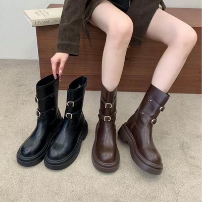 British Vintage Western Belt Buckle Women's New Platform Medium Boots Knight Martin Boots