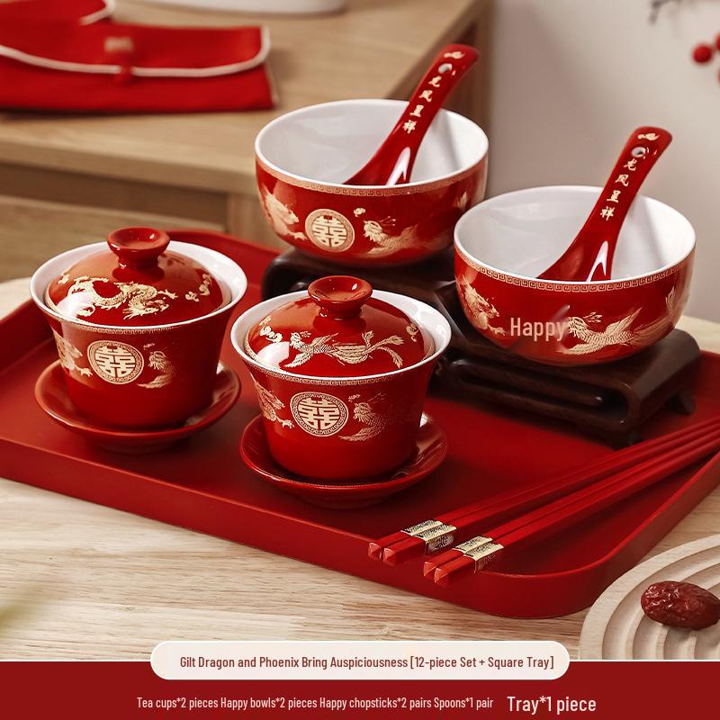 Red Wedding Tea Set: Tea Cups, Bowls & Chopsticks - Perfect for Weddings & Celebrations