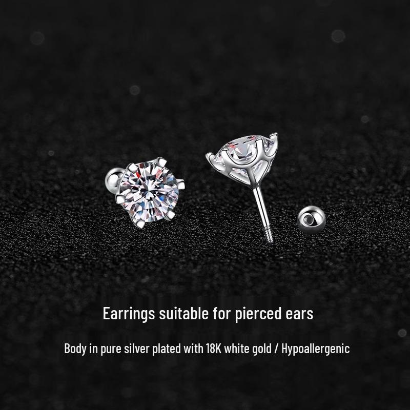 Best-selling 1 Carat D Color Moissanite Six-Claw S925 Sterling Silver Stud Earrings with Threaded Back
