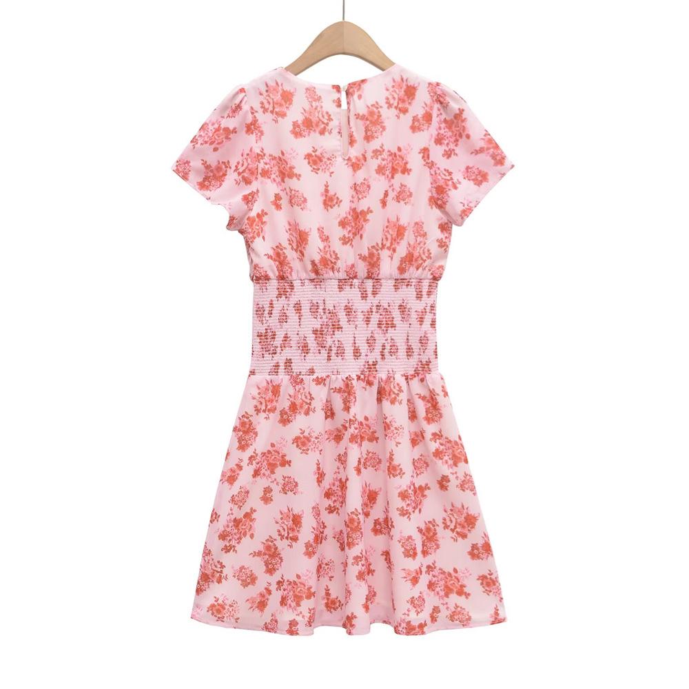 2025 Spring/Summer Women's Sweet Slim Fit Printed Dress - Round Neck, Short Sleeve