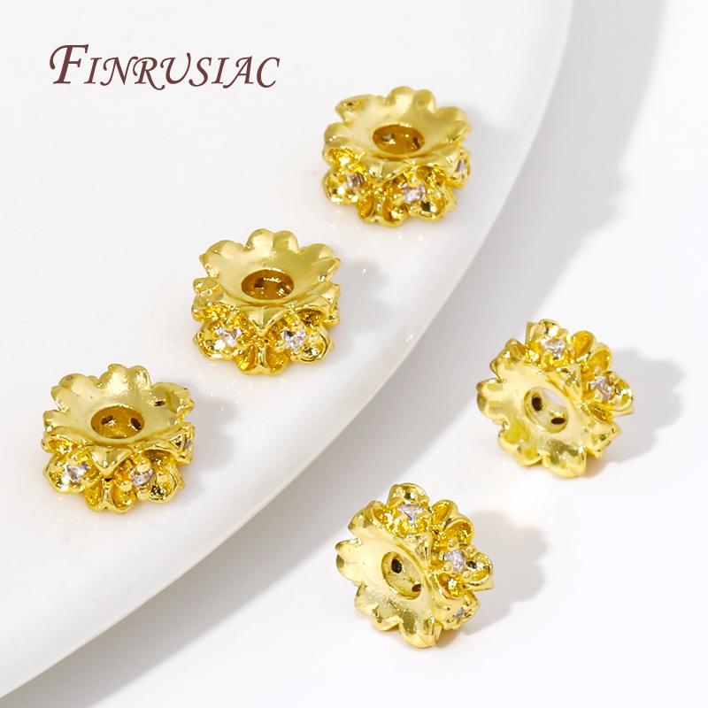 Fashion Inlaid Zircon Flower Spacer Beads 18K Real Gold Plated Separators For Beads Jewelry Making DIY Bracelet Accessories
