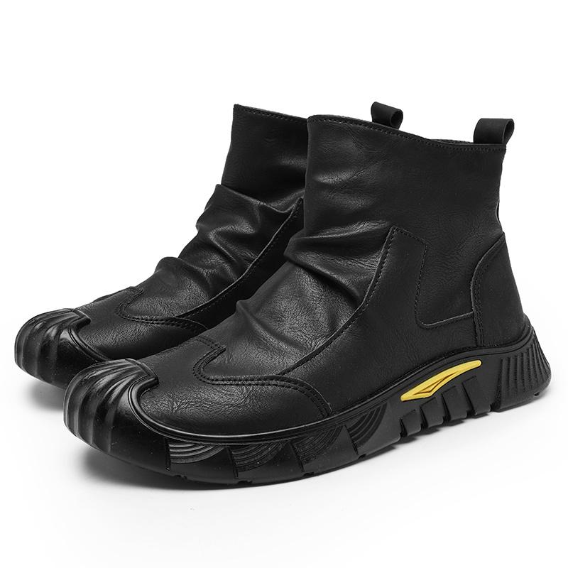 Erkek Motosiklet Deri Çizmeler İngiliz Tarzı Yuvarlak Kafa Yüksek Top Ayakkabı Yan Zip Yürüyüş Rahat Platform Çizmeler Bota Masculina