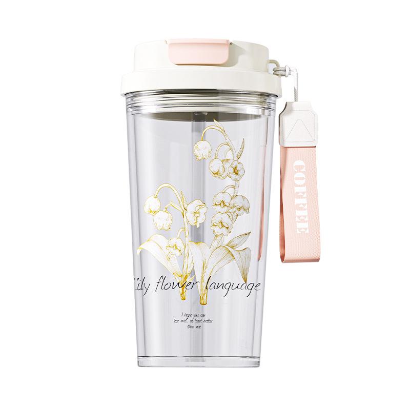Water Bottle Summer High Value Lily of the Valley Plastic Cup Double Drink Coffee Cup Car Large Capacity Drop Resistant Handle Cup Straw Water Cup
