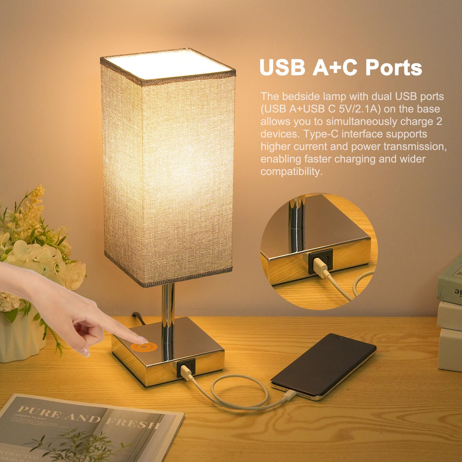 

2 Packs Fabric Bedside Table Lamp Nightstand Lamp with Warm White LED Bulb Desk Light Touch Control Ports 3 Levels Dimmable