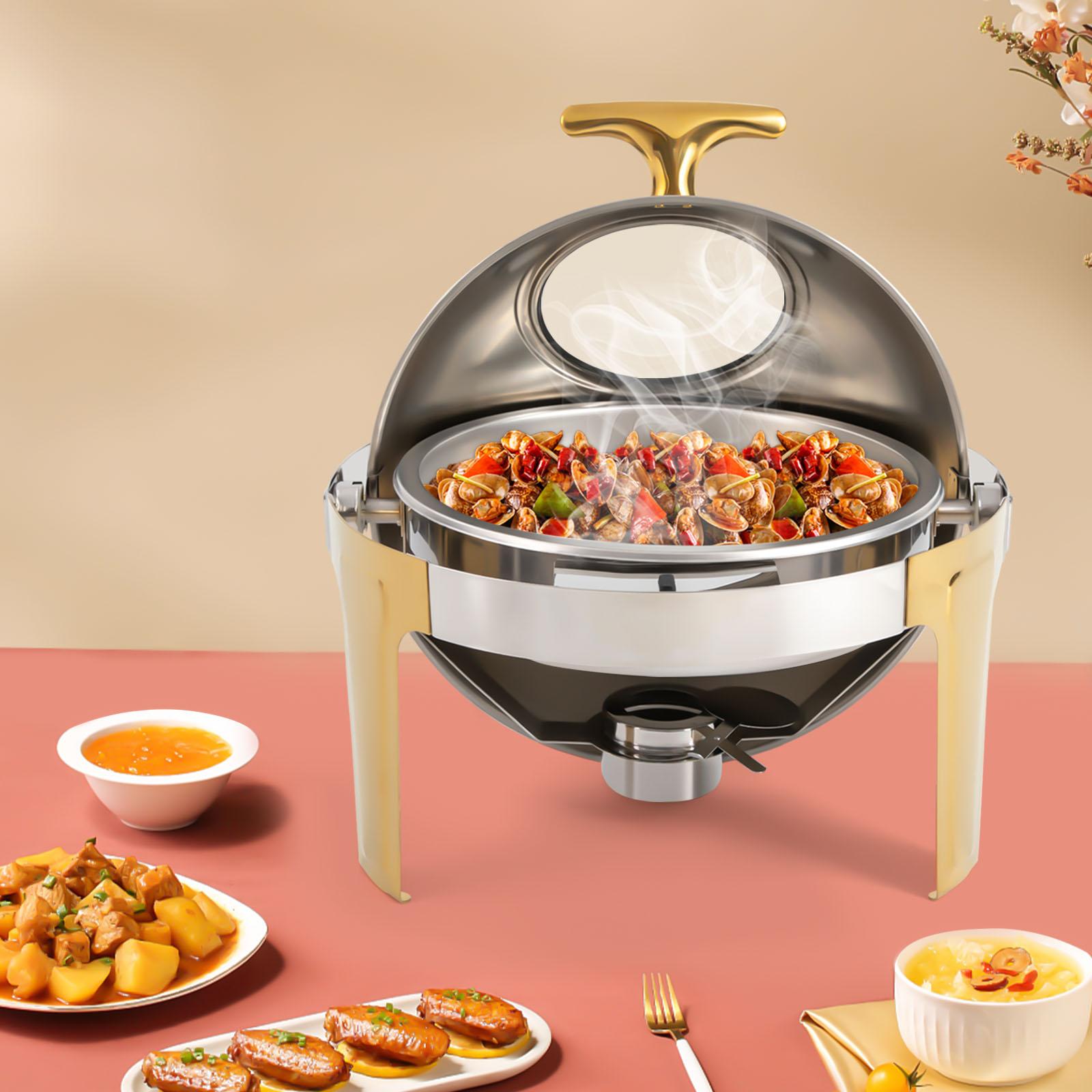 

Roll Top Chafing Dish w/ Viewing Window, Gold Accent, 6.3 Quart Round Stainless Steel Buffet Server, Warming Tray with Glass Lid