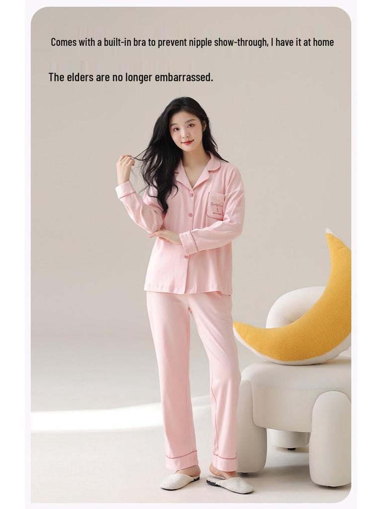 2025 Damen Cartoon Baumwolle Langarm Pyjama Set mit Brustpolster für Drinnen und Draußen - Herbst- und Winterkollektion
