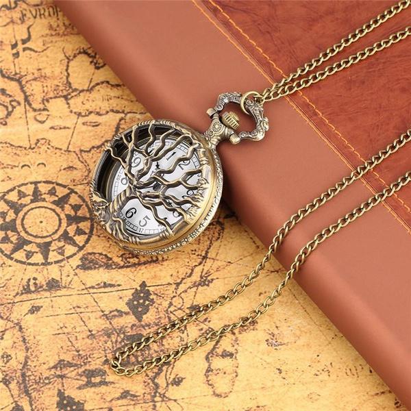 Steampunk Retro Bronze Hollow Tree of Life Quartz Pocket Watch with Fob Chain Women Watch Pendant Necklace Chain Men Gift