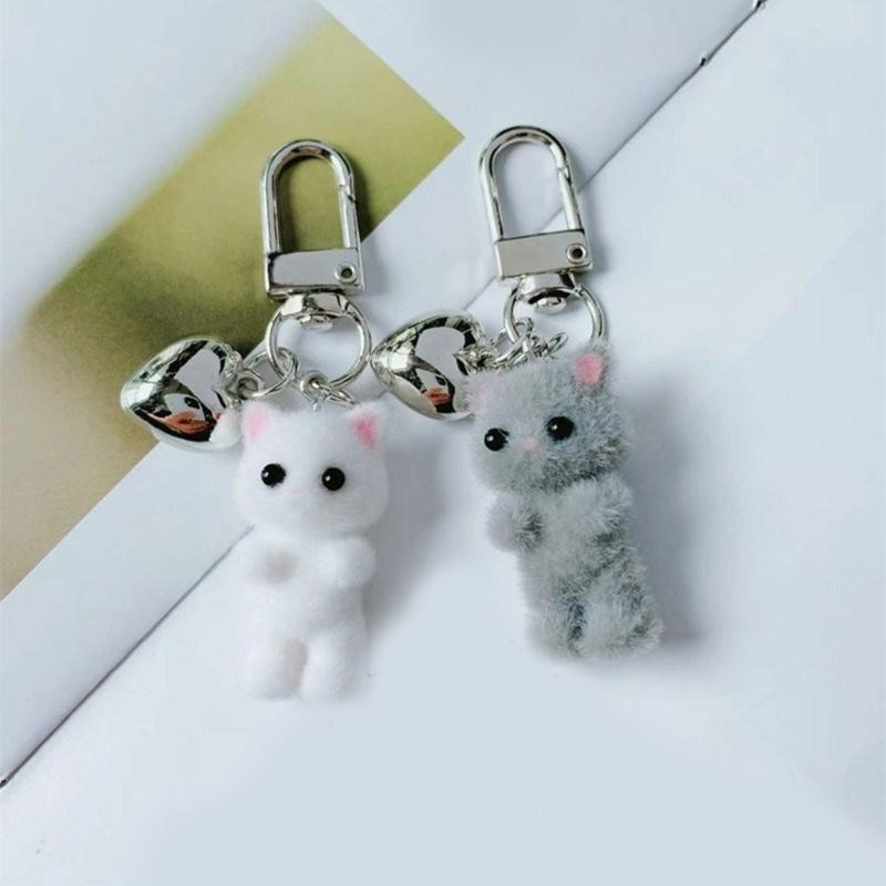 Flocking Cat Heart Keychain Lovely Decorations Keyring Ornament Backpack Handbag Charm Pendant Gift for Girls Women