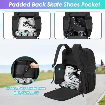Skate Bag for Men & Women, Fits Shoes Up To US 13, Black Roller Skate Backpack with Pockets