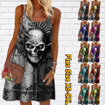 Women Flower Scary Ghost Head Printed Mini Dress Sleeveless Party Dress Summer Beach Dress Sundress