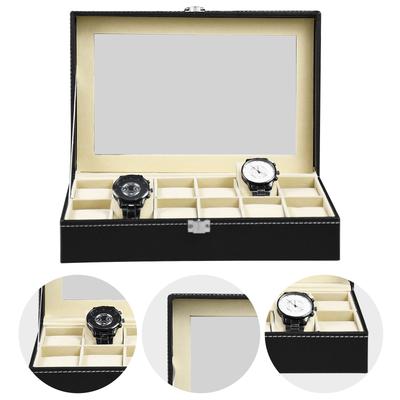 10/12-Schlitz Uhren-Display-Box PU-Leder Schmuck-Display-Koffer mit Glasdeckel Schmuck-Geschenkboxen Koffer für Geburtstage Weihnachten