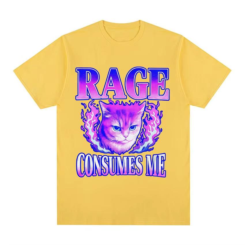 Wut verzehrt mich Katze Wütende Katze Retro Typografie Lustige Grafik T-Shirts Unisex Damen Vintage Ästhetik Baumwolle Kurzarm T-Shirts