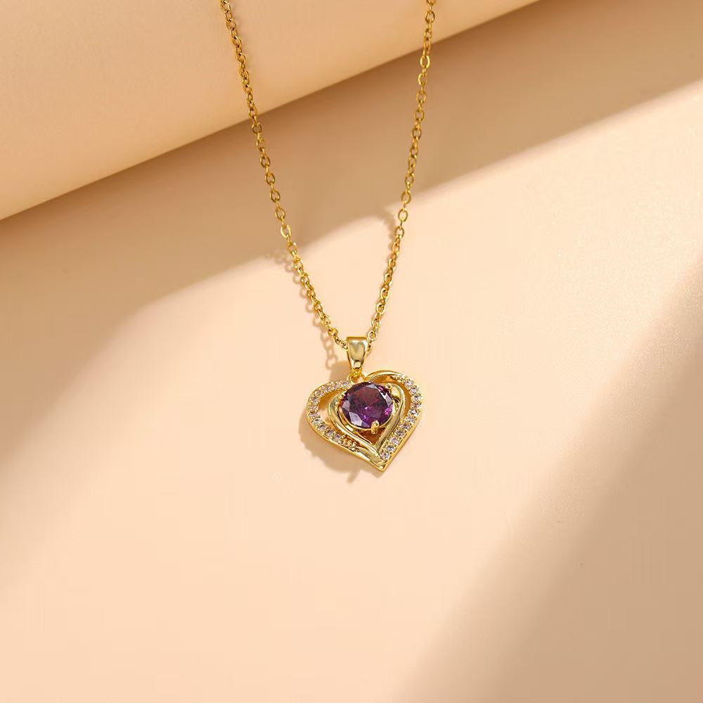 Purple Love Necklace Women'S Light Luxury Versatile Micro-Inlaid Zircon Heart-Shaped Clavicle Chain