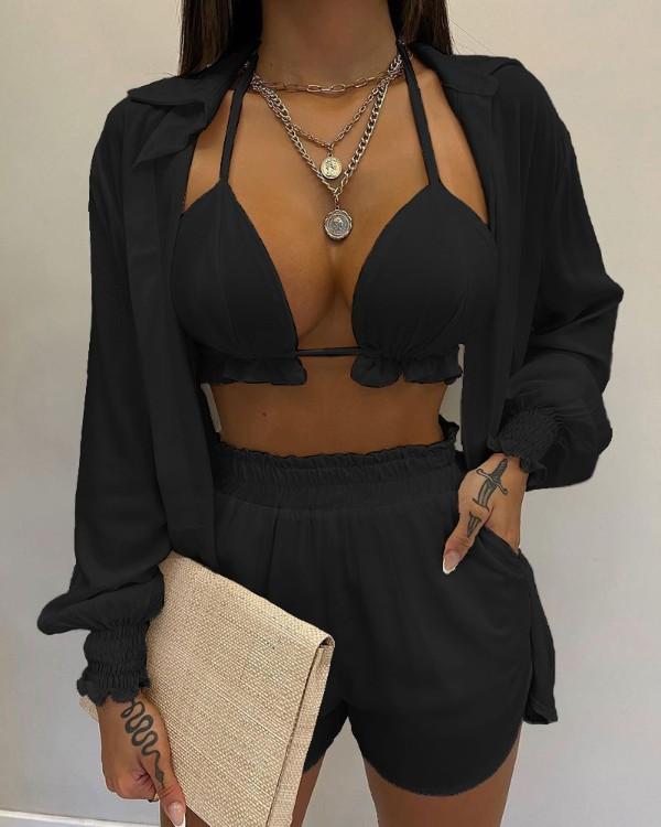 2025 Sexy Swimsuit Summer Fashion Solid Color Printing 3 Piece Suit Women