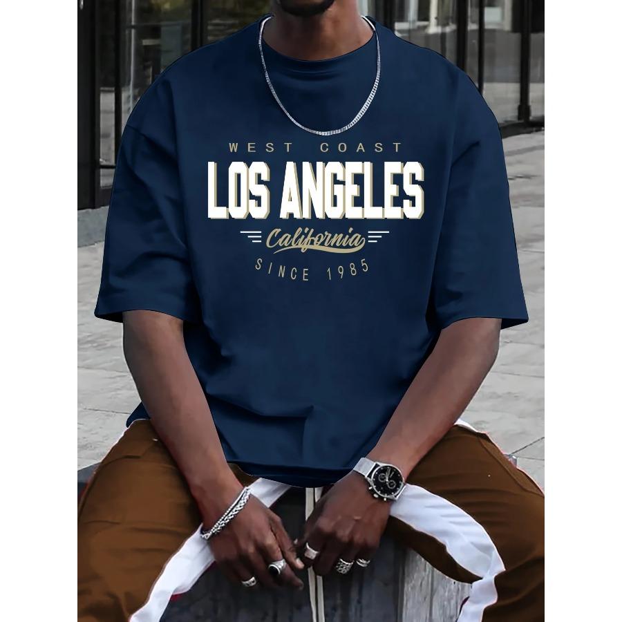 Cotton Summer Men's 100% Cotton Comfortable Casual Loose Plus Size LOS ANGELES Printed Sports Round Neck Oversized Short Sleeved T-shirt Top