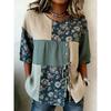 Women's Teal Floral Patchwork Drawstring Button Up Blouse, Casual Round Neck Tops for Spring Summer Daily Vacation Wear