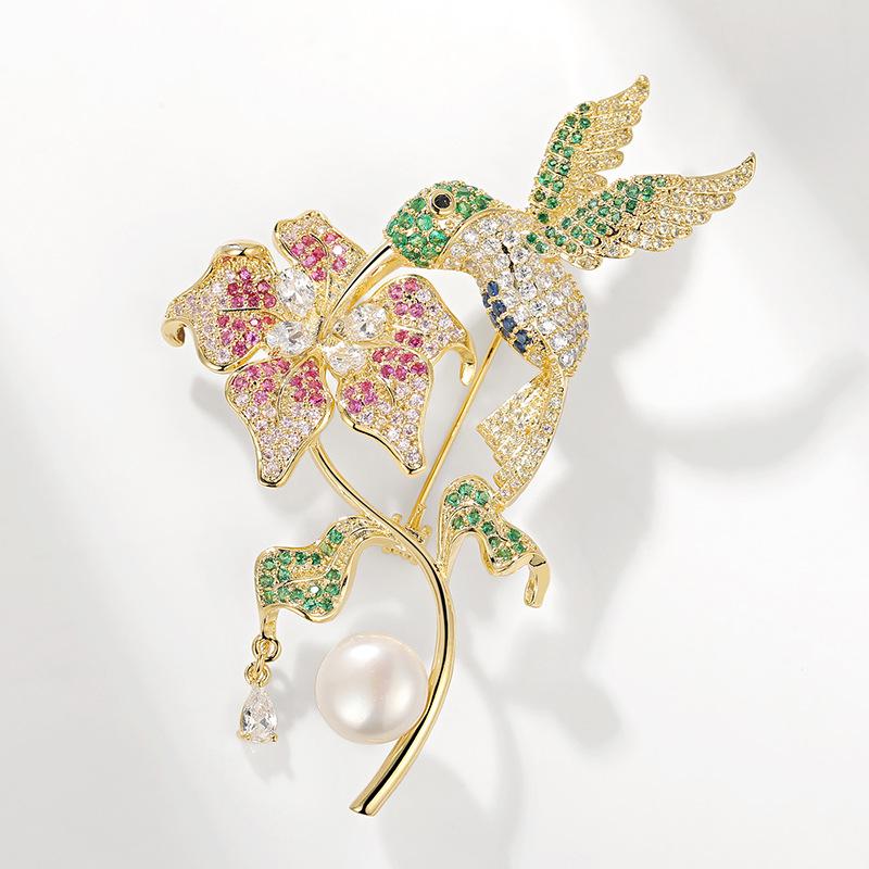 Bo Xin Yun Bird Brooch with Zircon, Freshwater Pearl, Agate, and Flower Design
