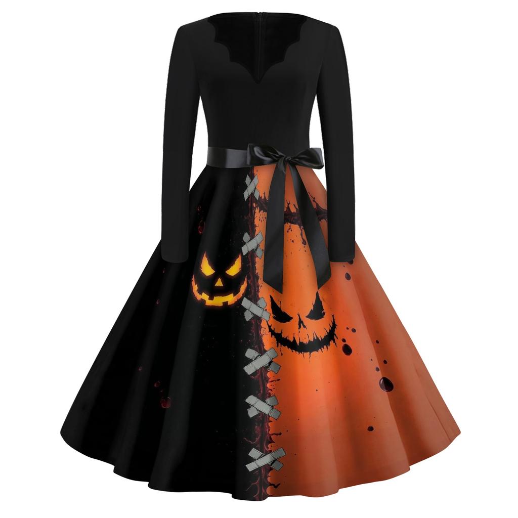 Women's Vintage Halloween Print V-Neck Dress, Casual Party Outfit for Celebrations