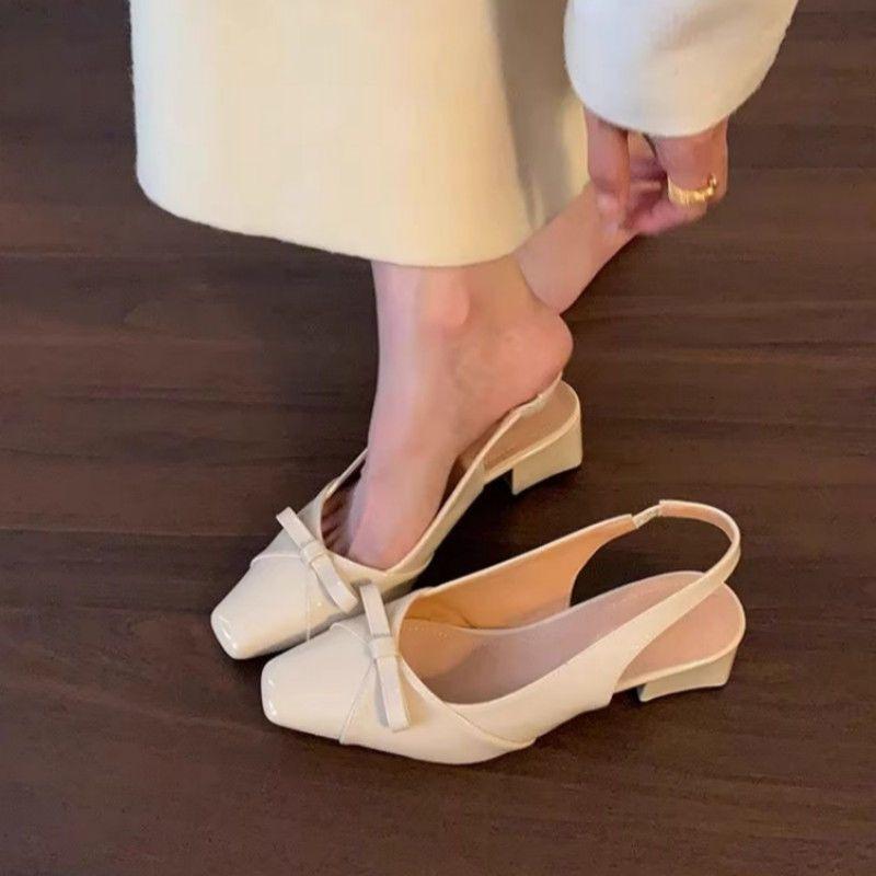 French bow empty bag head sandals women's new gentle wind temperament with skirt thick heel square head single shoes