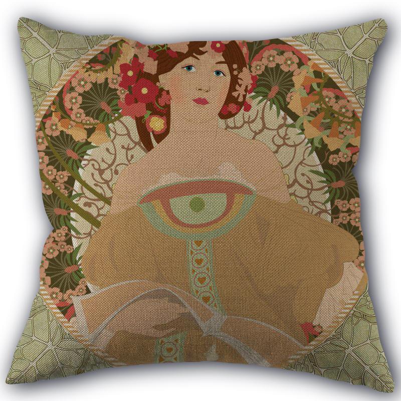 Custom Alphonse Mucha Art Pillowcase Cotton Linen Fabric Square Zipper Pillowcase 45X45 Wedding Decorative Pillow Cover