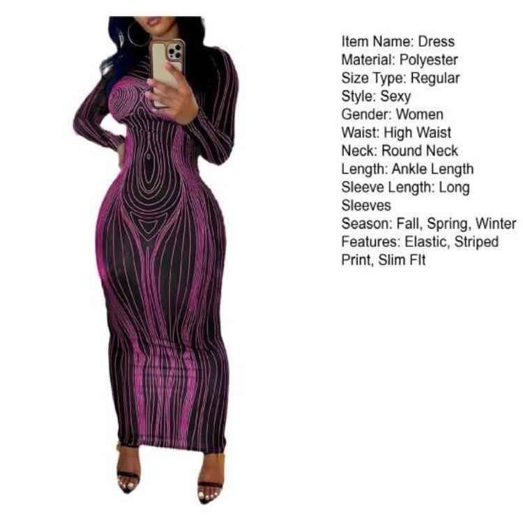 Women Spring Fall Party Dress Slim Fit Striped Print Maxi Dress Skinny Sheath Long Sleeve Elastic Round Neck Soft Thin Ankle Length Lady Dress