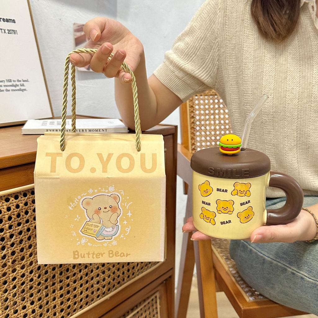 Cute Butter Bear Straw Cup High Value Ceramic Mug with Lid Cute Drinking Water Cup Birthday Gift Practical