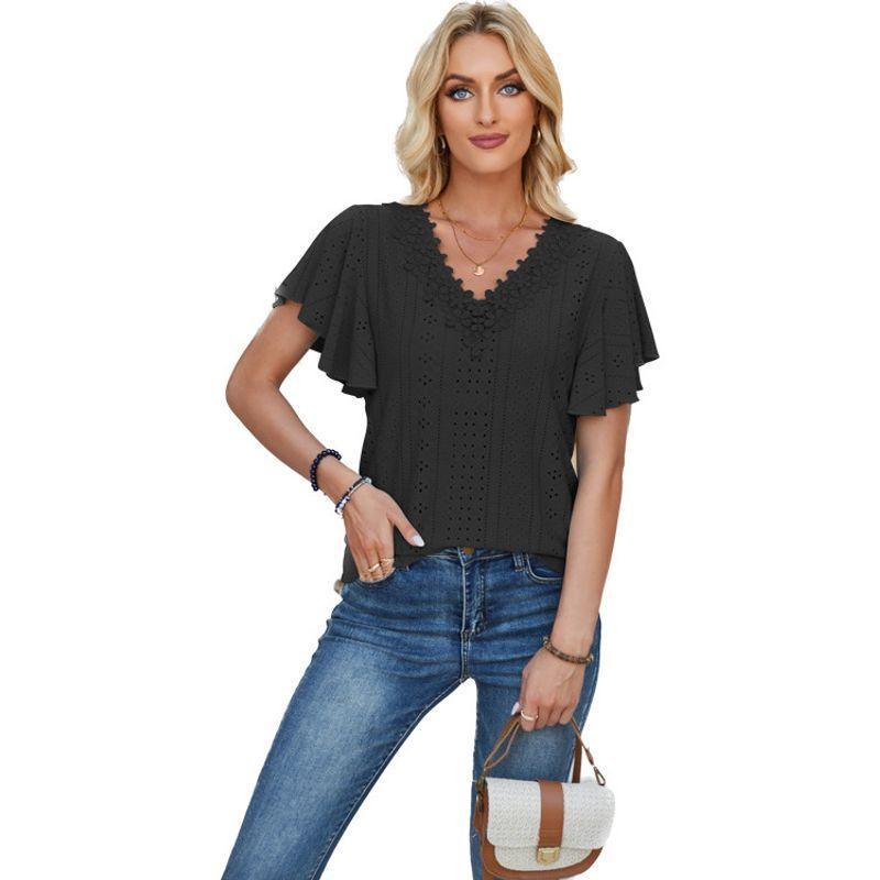 Lace V-neck T-shirt with Lotus Leaf Sleeves Lace V-neck Ruffle T-shirt