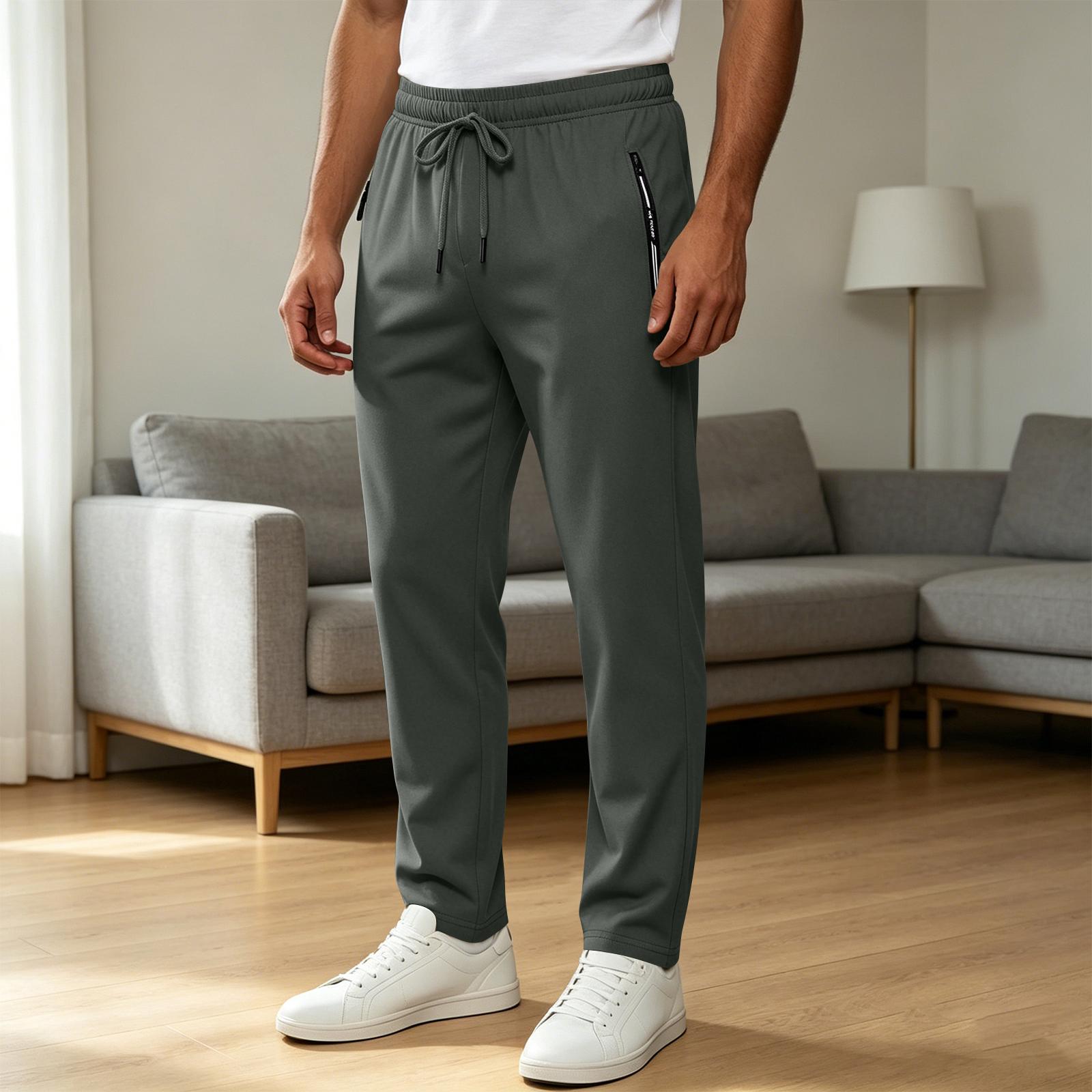 

Men Casual Ultra Lightweight Stretch Ice Silk Long Pants Drawstring Waist Zipper Pockets Breathable Relaxed Fit Trousers for Daily Wear XL