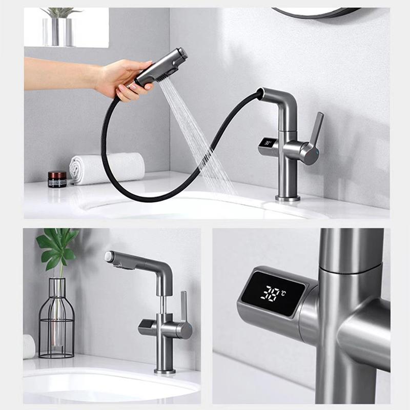 LCD Digital Display Bathroom Basin Faucet Pull Out Basin Tap Hot Cold Bathroom Kitchen Faucet Brass Deck Mount Sink Mixer Tap