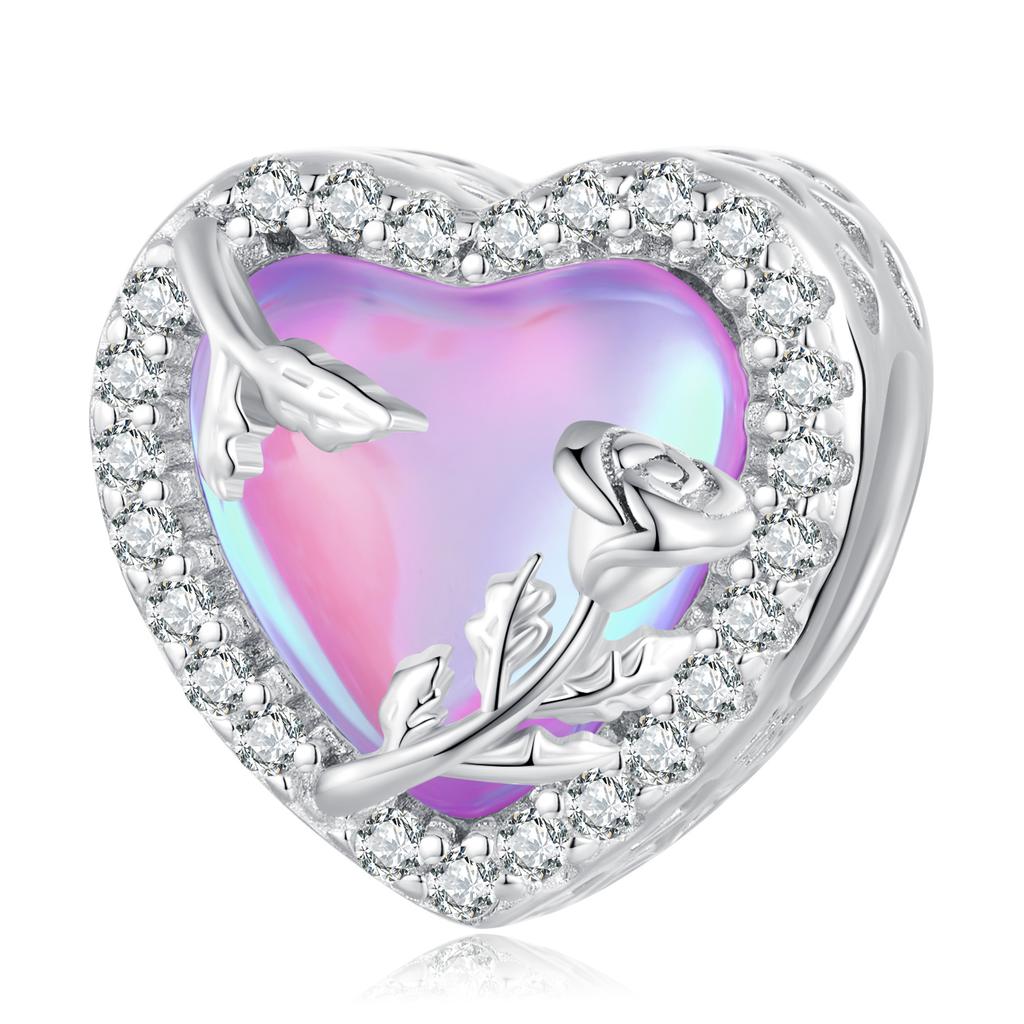 WOSTU 925 Silver Pink Heart Charms Lover Couple Wedding Pendant Opal Beads Fit for Bracelet DIY Valentine Gift