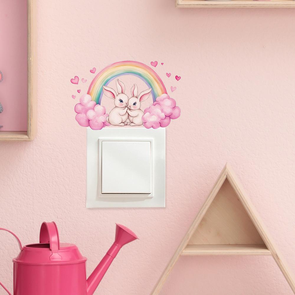 Cartoon Couple Rabbit Rainbow Bedroom Living Room Switch Background Beautification Wall Stickers