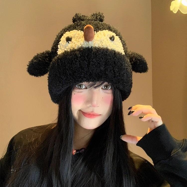 Cute penguin plush knitted hat children's autumn and winter new warm face small ear protector head Lei Feng hat