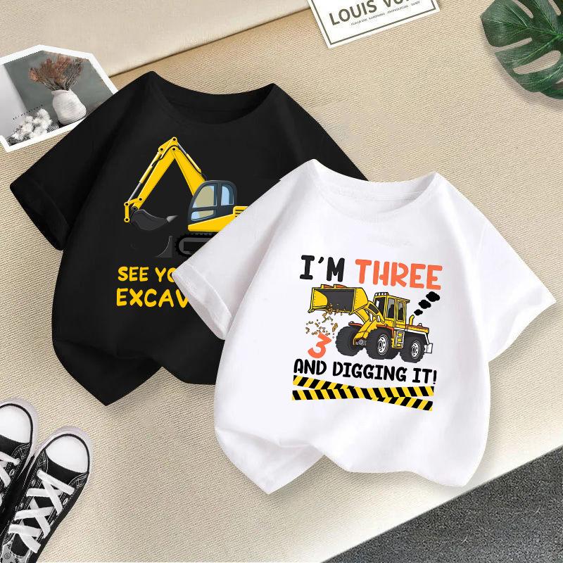 2025 Children Cute Excavator T-Shirt Combination Cartoons Bulldozer Tee Shirts Kawaii Kid Casual Clothes Girl Boy Harajuku Tops