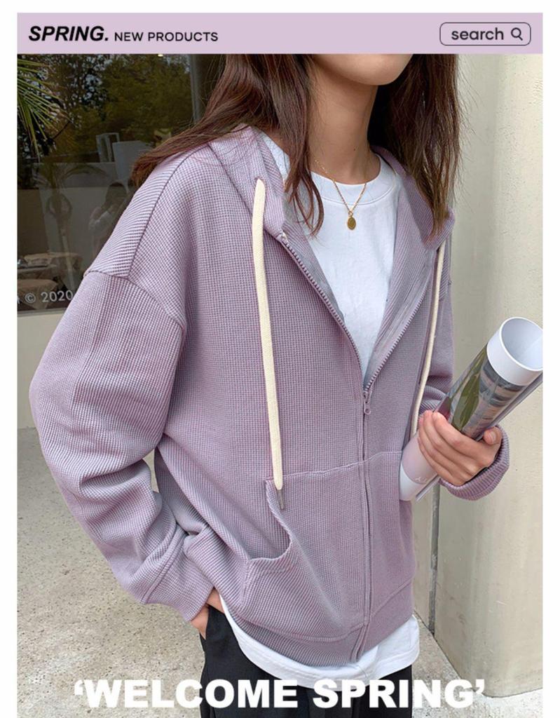Women's Korean Style Waffle Knit Hooded Jacket (Spring/Autumn) - Slimming, Loose Fit, Plus Velvet, Zipper Cardigan Top