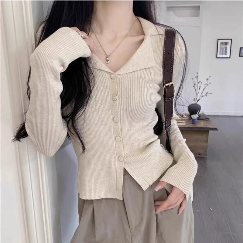 Temperament Slim-fit Plo lapel-neck knitted cardigan women's autumn and winter chic collar sweater bottoming shirt with long-sleeved top inside