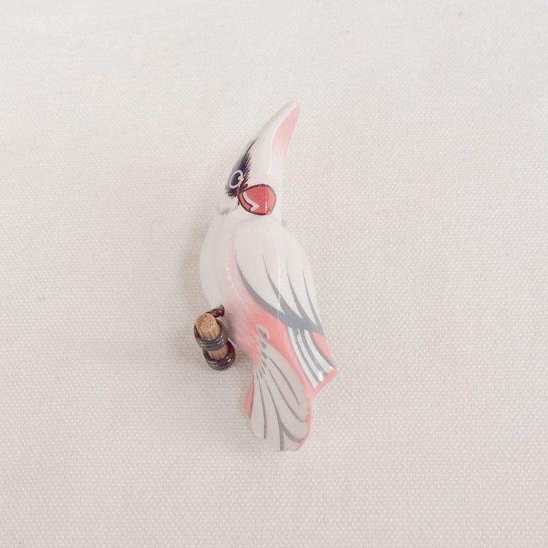 Used Wood carving brooch of wild birds, pink cockatoo, lovebird, handicraft