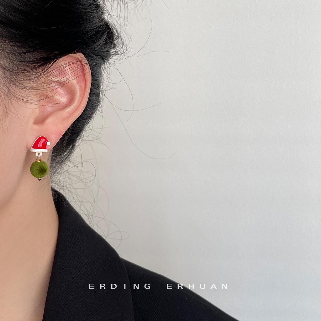 Festive Green Pompon & Red Hat Earrings for Women - Creative Holiday Design
