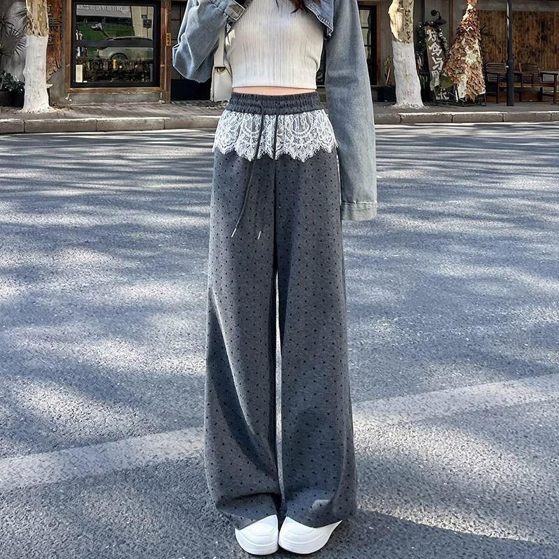 

Women s High Waist Black Lace Polka Dot Patchwork Wide Leg Drawstring Sports Pants - Small Height, Spring/Autumn XS: 60-79 lbs
