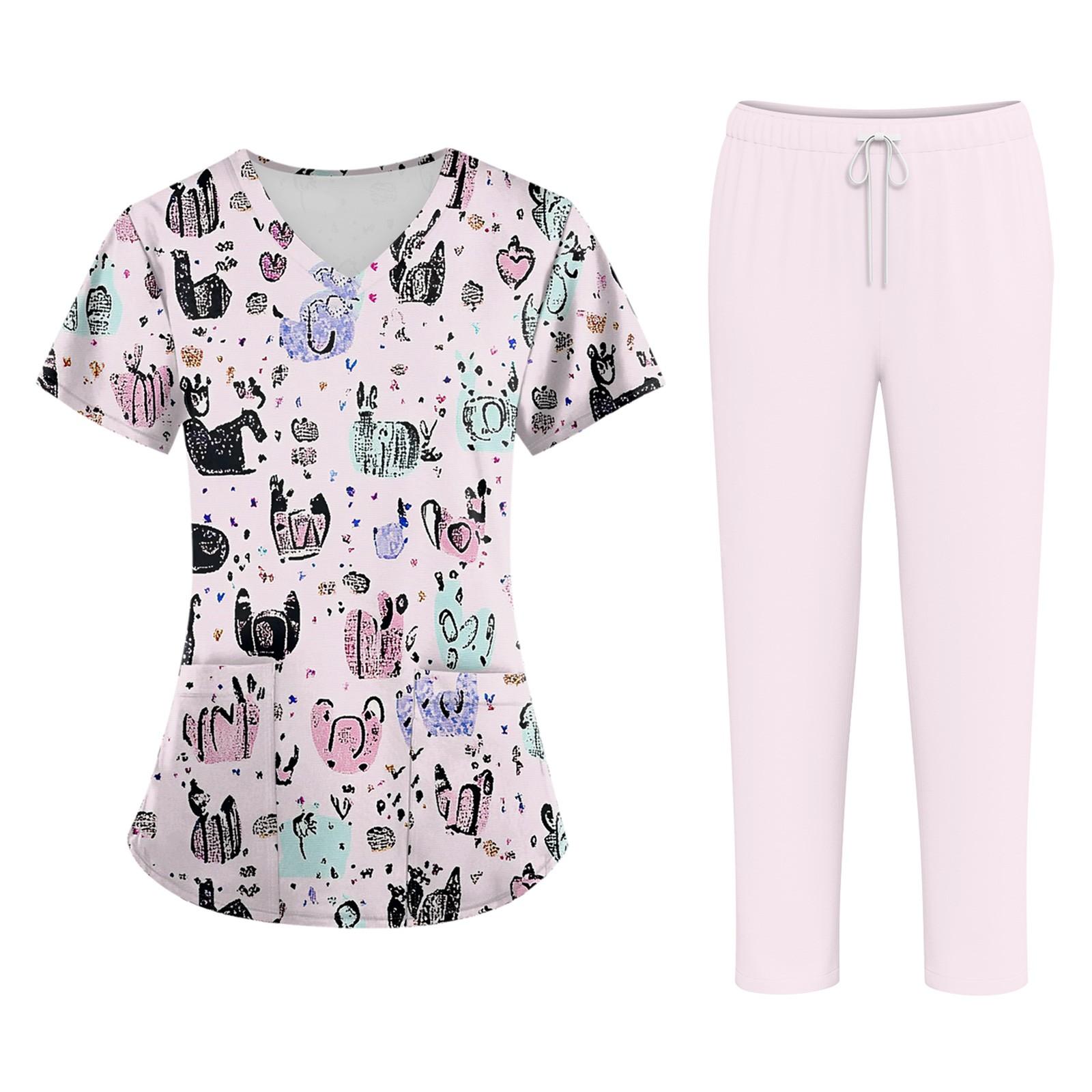 

Плюс размерСкраб с принтом Рабочая форма Топы для женщин Крест V-образным вырезом Хэллоуин Принт с короткими рукавами Забавные футболки Спецодежда Футболка с карманами XL розовый