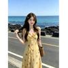 Yellow ruffle leaf edge floral suspender dress women's side vacation French super fairy backless beach fishtail dress