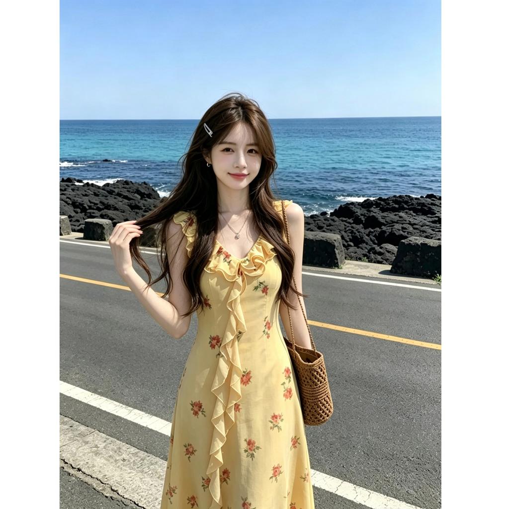 Yellow ruffle leaf edge floral suspender dress women's side vacation French super fairy backless beach fishtail dress