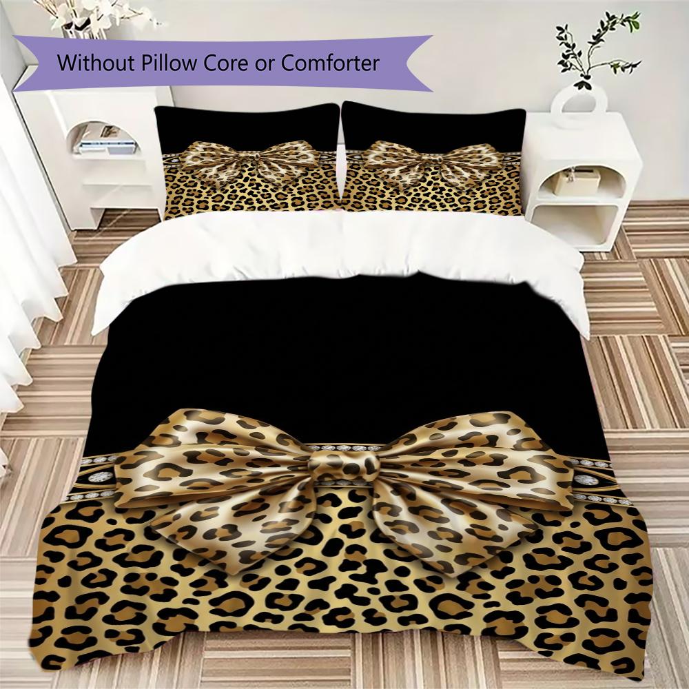 Leopard Print Bow Pattern Bedding uilt Set uilt Cover Pillowcase Home Decoration Birthday Gift (1 * duvet cover + 2 * pillowcase without core)91