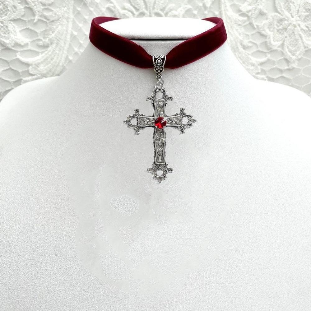 Gothic Sliver Color Relief Pattern Rhinestone Cross Pendant Red Black Velvet Choker Necklace for Women Hallowmas Jewelry Gifts