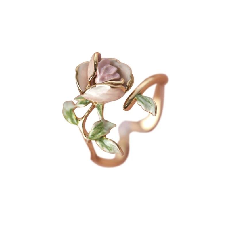 Süße, romantische Emaille-Verlobungsringe mit rosa Rosenblüte für Frauen, Retro, exquisiter, verstellbarer Schmuck, Geschenke für die Freundin
