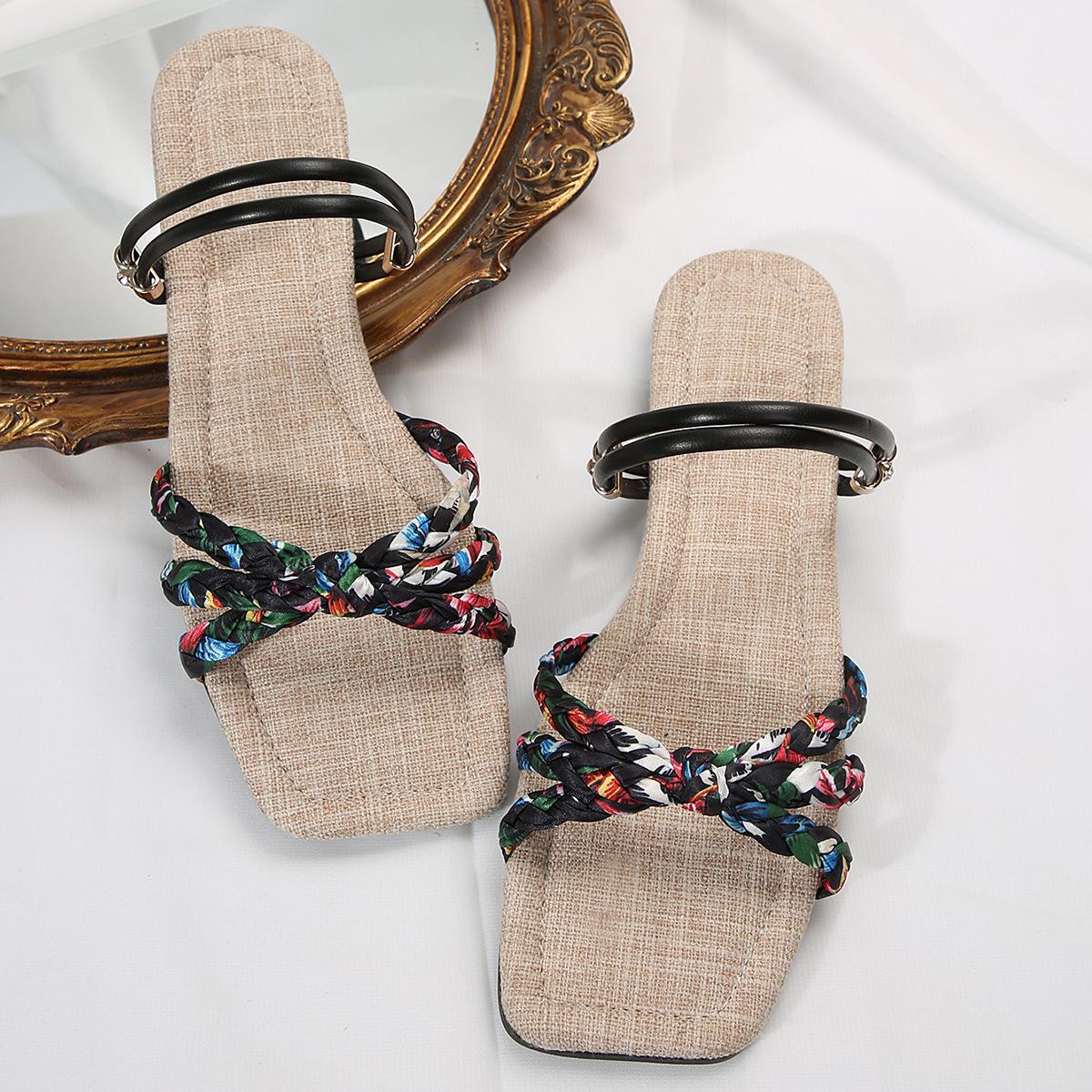 

2024 летние новые женские туфли большого размера на плоской подошве, цветные тканевые плетеные открытые носки, пустые повседневные женские сандалии 42