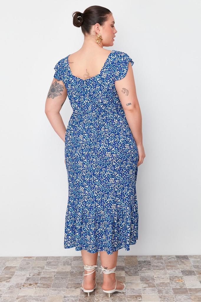 Women's Style Plus Size Navy Blue A-Line Midi Ruffled Floral Patterned Woven Dress