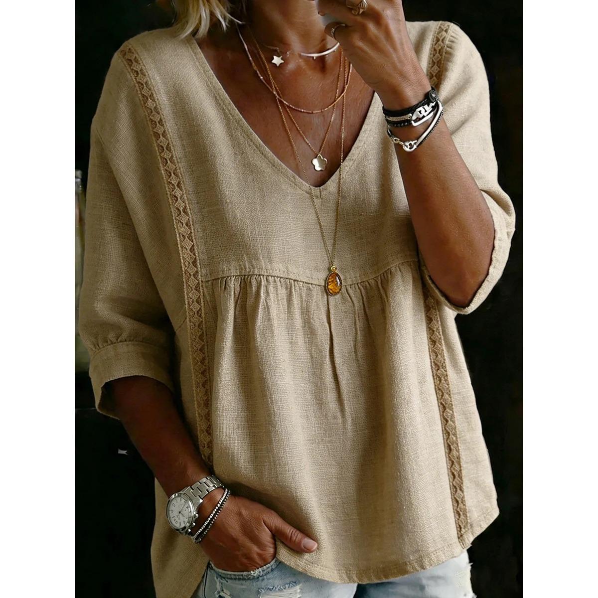 Women s V Neck Three Quarter Sleeve Lace Panel Loose Solid Casual Linen Look Blouse Top S